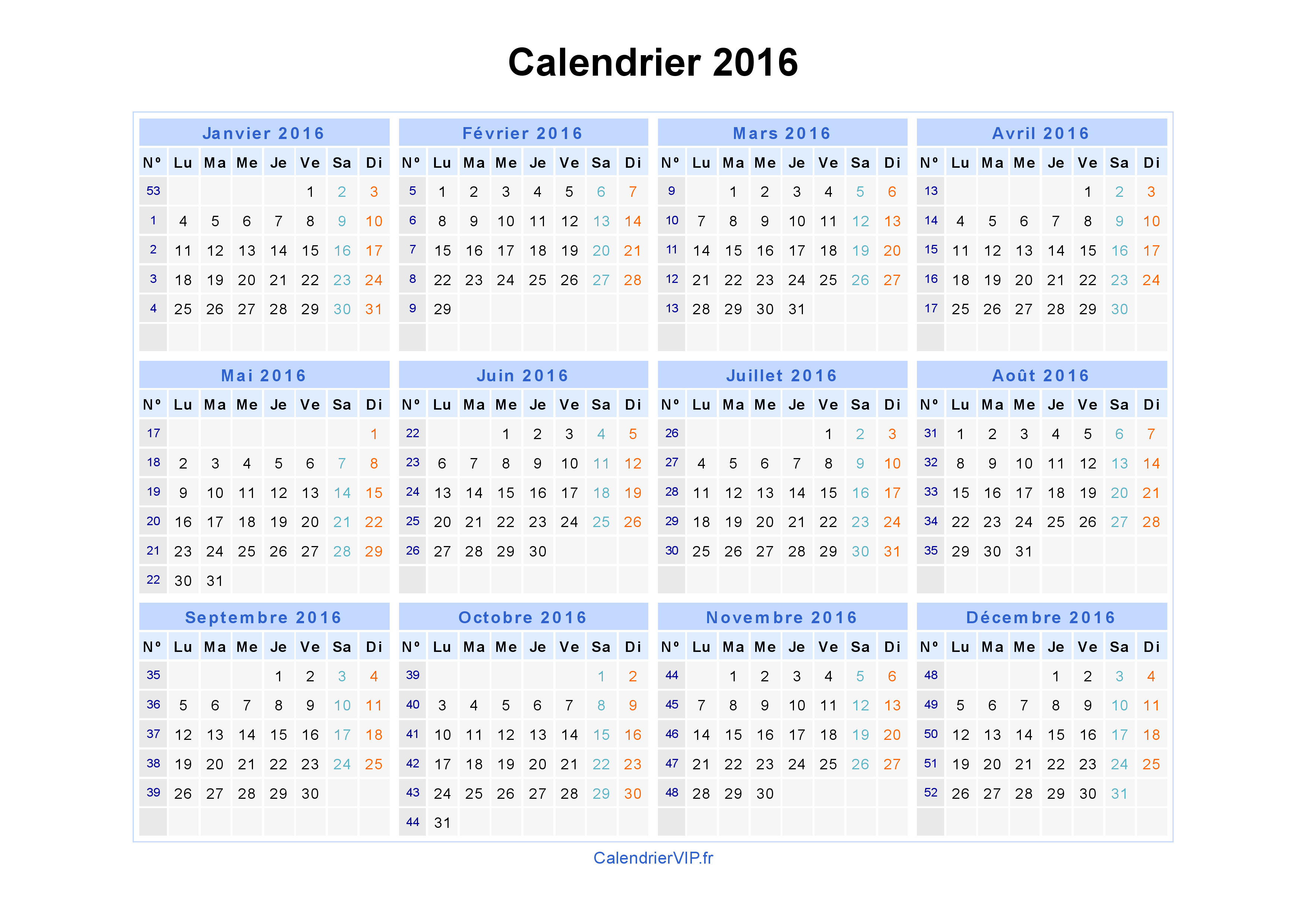 calendrier 2016