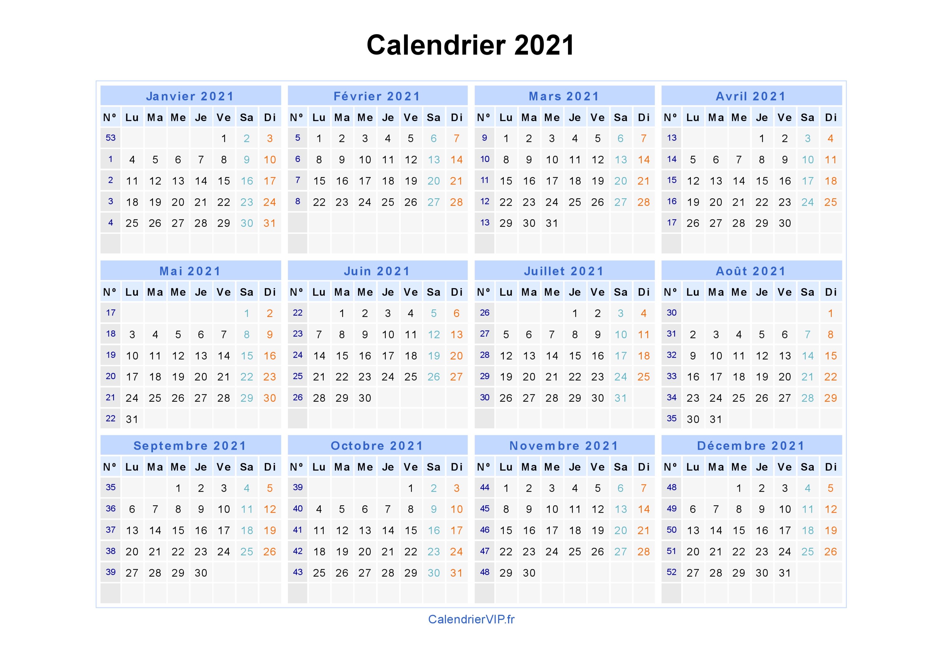 Tableau Excel Calendrier 2021 Calendrier 2021 à imprimer gratuit en PDF et Excel