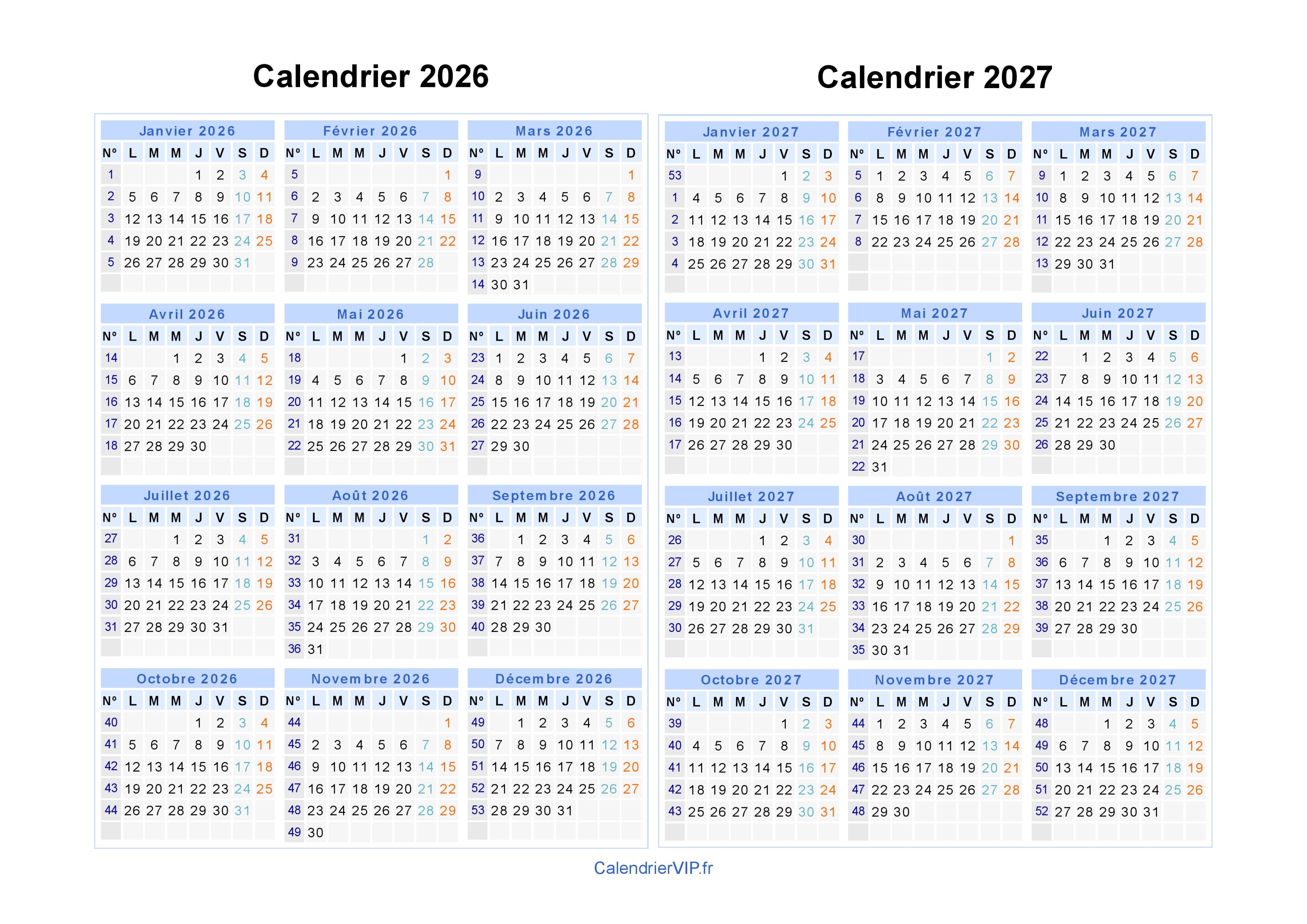 Calendrier 2026 2027 à imprimer gratuit en PDF et Excel
