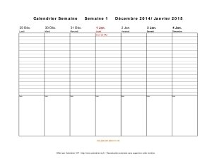 calendrier semaine 2015 jours horizontale